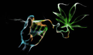 發光的手釋放出彩色煙霧，煙霧轉變為綠色大麻葉。
