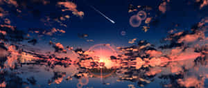充滿活力的日落天空，雲彩倒映在水中，一顆流星劃過頭頂。