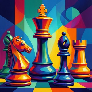 棋盤上色彩繽紛的抽象國際象棋棋子，帶有鮮豔的幾何背景。 — 國際象棋 壁紙
