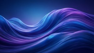 動態的數碼波浪以藍色和紫色調在深色背景上流動。 — 3840x1080 GIF 壁紙
