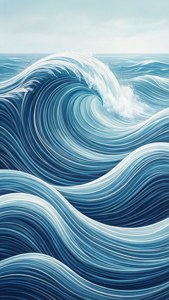 在蒼白天空下，以旋轉的藍色和白色線條繪製的強大海洋波浪。