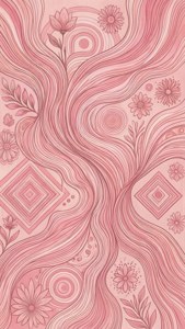 粉紅色抽象藝術品，帶有流動線條、花朵和幾何形狀。