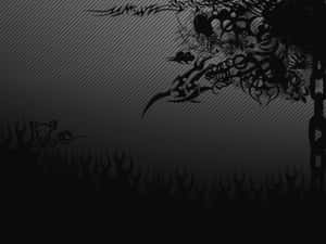 深色抽象設計，灰色條紋背景上帶有部落圖案和尖刺。