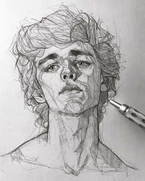 一幅鉛筆素描，描繪一位擁有捲髮和銳利眼神的年輕男子。
