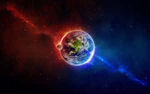 地球被鮮豔的紅色和藍色星雲及遙遠恆星環繞在太空中。