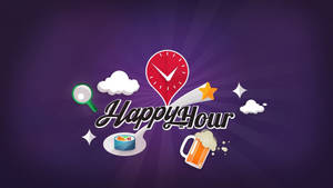 紫色背景上帶有時鐘心形、啤酒、壽司和雲朵的Happy Hour圖案。