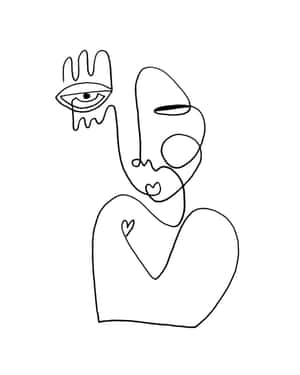 抽象極簡線條藝術，描繪一個人形，有一隻眼同心形圖案。