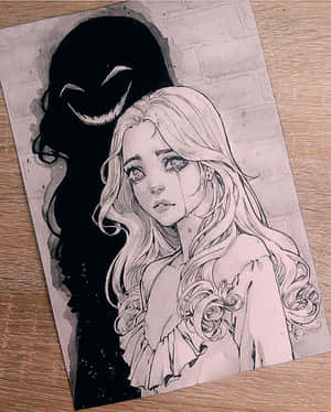 黑白插圖中，一個哭泣的女孩身後有一個黑暗微笑的影子。 — 抽象藝術 壁紙