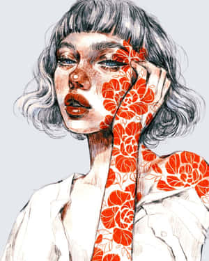 灰色頭髮、臉上和手上帶有紅色花卉圖案的女性，穿著白色襯衫。