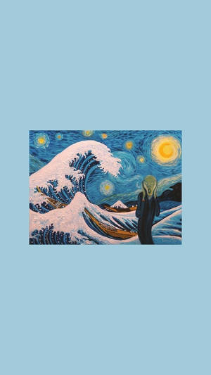 在星空下，尖叫的人物站在積雪的巨浪前。