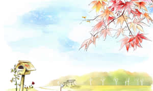 秋日風景，紅楓葉、長椅和郵筒，襯托藍天。