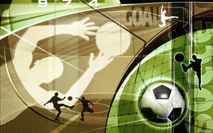 剪影足球員和足球，帶有風格化運動圖形中的「GOAL」文字。