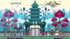 像素藝術遊戲場景，角色、機械人和寶塔出現在色彩繽紛的幻想城市中。 — 抽象藝術 壁紙