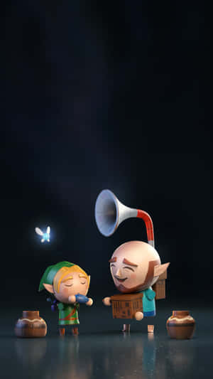 兩個卡通精靈在星空下微笑，旁邊有一隻發光的蝴蝶。 — 薩爾達 GIF 壁紙