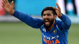 身穿藍色球衣的板球運動員舉起雙臂慶祝勝利。