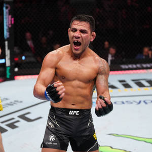 UFC拳手在八角籠內慶祝勝利，臉上帶血，拳頭緊握。