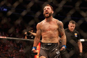一名勝利的MMA拳手在八角籠中贏得比賽後咆哮。 — 運動 壁紙