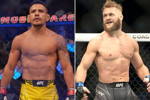 兩名男性UFC拳手在八角籠內穿著格鬥裝備。 — 搏擊會 GIF 壁紙