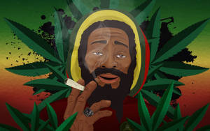 戴拉斯特法里帽的男人手持大麻煙，周圍環繞著大麻葉。