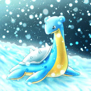 一隻藍黃色寶可夢在飄雪下於冰水中睡覺。
