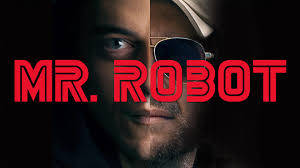 戴太陽眼鏡和露眼的男人分裂面孔，紅色文字 MR ROBOT