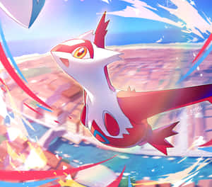 Salamence 飛越沿海城市，留下色彩繽紛的動態軌跡。