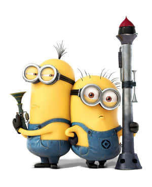 兩個卡通Minions在白色背景前手持樂器