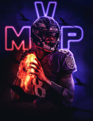 足球運動員手持發光球，背景有霓虹燈 MVP 標誌和飛翔的烏鴉。