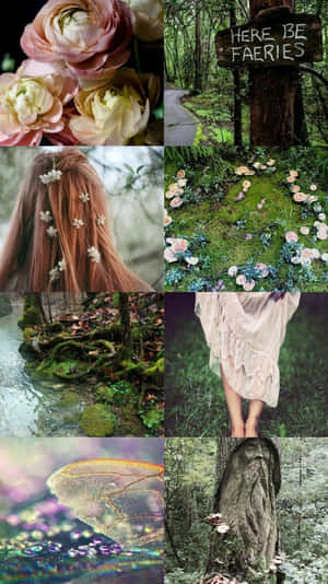 一個異想天開的森林場景，有花朵、苔蘚、標誌和一個穿著飄逸連衣裙的人。