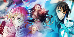 三個動漫戰士在戰鬥中，手持發光劍和旋轉的能量。