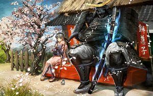 武士和女孩在櫻花樹下，日本商店旁