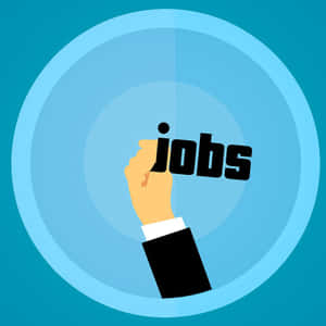 西裝袖中的手在藍色圓形背景上拿著「jobs」這個詞。