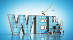 拼寫WEB的大型3D字母正在反射表面上由工人和起重機建造。 — 美景 壁紙