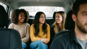 三位穿著毛衣大笑的女性坐在車內，一名男子正在駕駛。