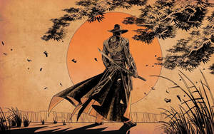 身穿傳統服飾的武士在橙色夕陽下手持劍，背景有竹枝。