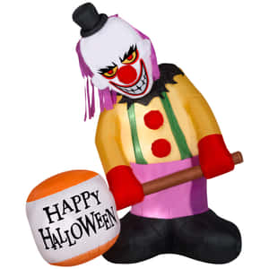 充氣萬聖節小丑舉著一個寫有「Happy Halloween」的槌子。