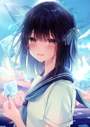 穿著水手服的動漫少女淚眼汪汪地拿著一張照片。 — 動漫女孩 壁紙