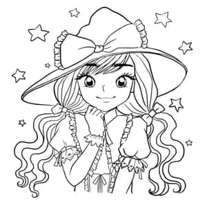 動漫女孩捲髮和星星帽黑白線條藝術 — iPad Pro 11 壁紙