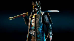 穿著精細藍色盔甲的武士在黑暗環境中手持武士刀。