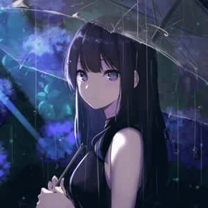 動漫女孩在雨夜中持傘，背景為閃爍的藍色花卉