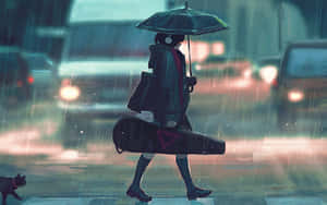 動漫女孩戴着耳機，在雨中撐着傘、拿着結他盒，走在城市街道上。