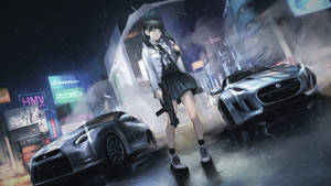 動漫女孩在雨夜霓虹城市中，持步槍站在傘下，旁邊是跑車。