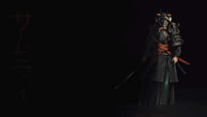 身穿黑紅盔甲的武士戰士，在黑暗背景前手持劍，背景有日文文字。