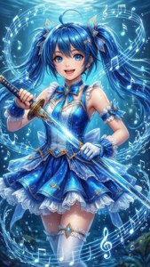 藍髮動漫女孩在水中拿著發光的劍，周圍有音樂音符