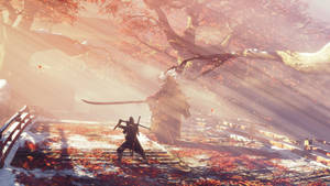 武士在日落時分在秋樹下與神秘靈魂決鬥