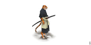 老虎武士穿著黑色和服，手持武士刀，白色背景