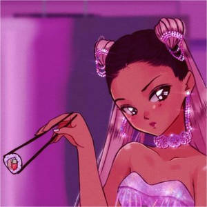 動漫女孩身穿粉紅色連衣裙，在紫色燈光下用筷子夾著壽司。 — 可愛動漫女仔 壁紙