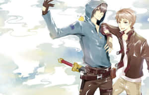 兩個動漫男孩，一個拿著劍，肩膀上有一隻黃鳥，站在雲中