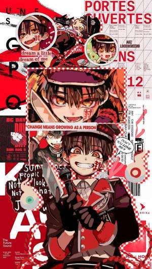 穿著紅色制服的動漫男孩在混亂的文字拼貼中微笑。