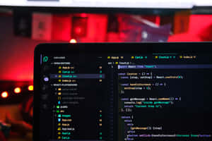 手提電腦屏幕在科技工作空間中顯示帶有紅色環境照明的 React 代碼。